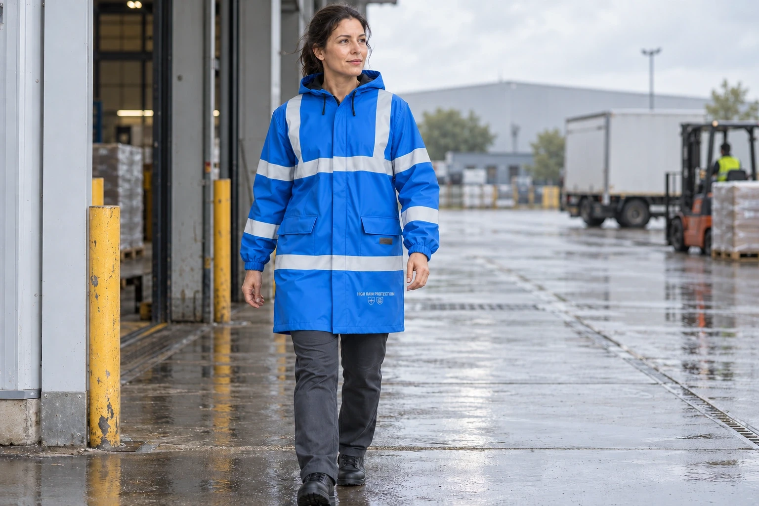 Blue T-Rain reflective raincoat in a working environment