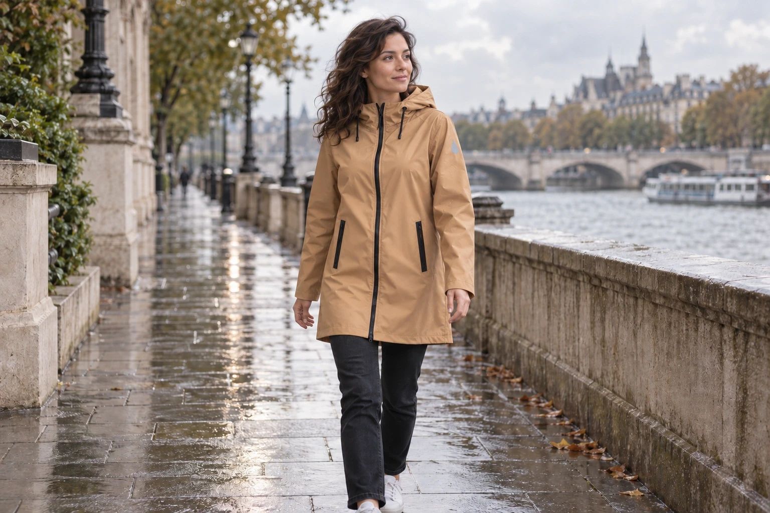 Beige T-Rain raincoat in the city after rain