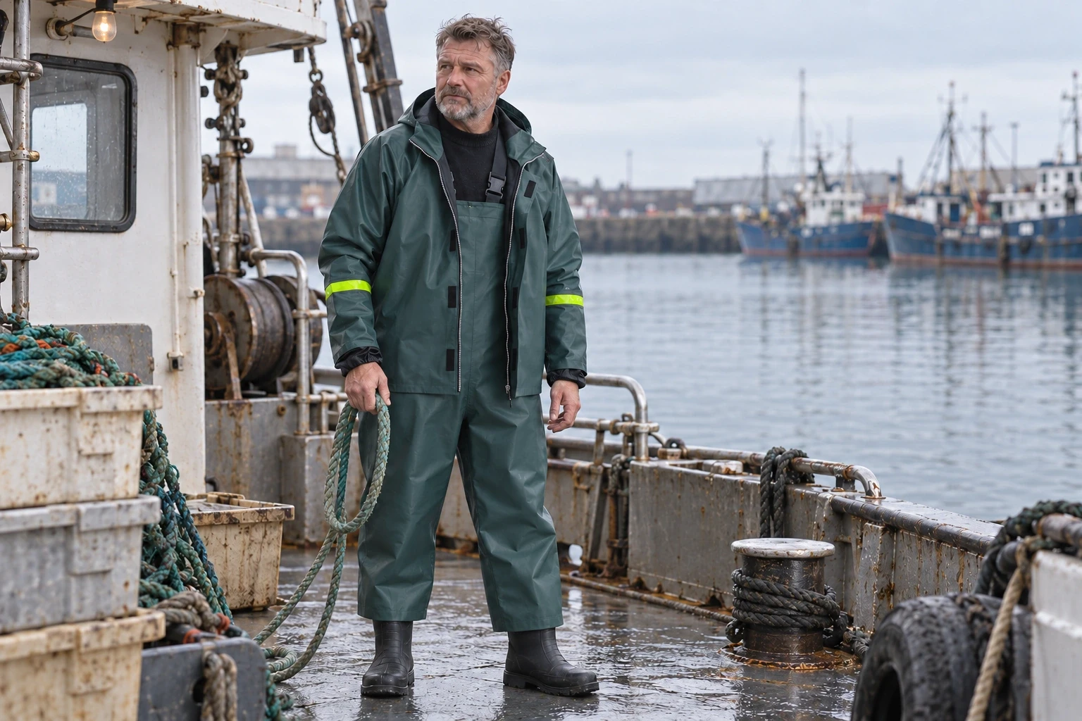 Dark green T-Rain jacket and bib-trouser suit on a fishing boat