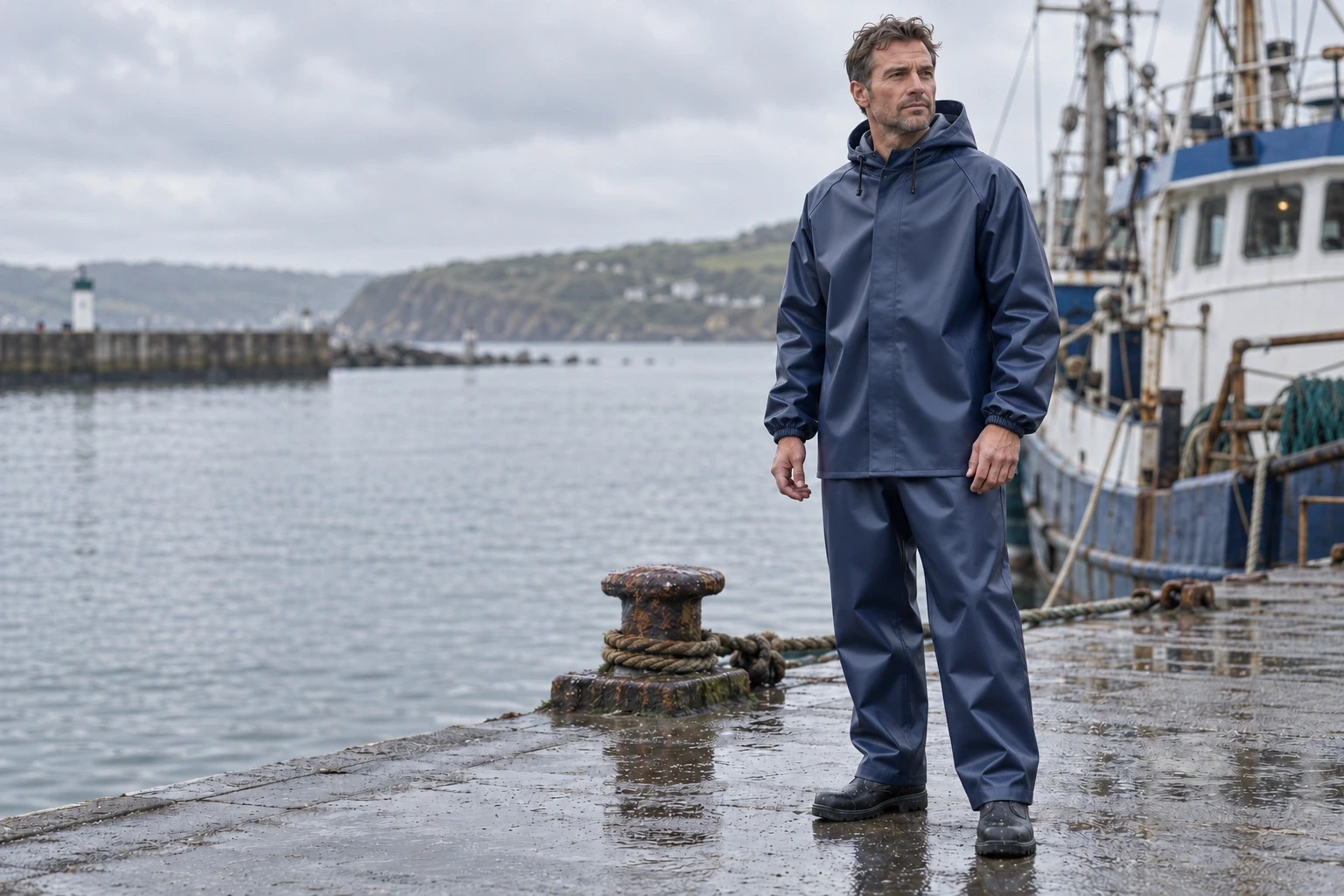 Navy T-Rain zip-front rainsuit at a harbour