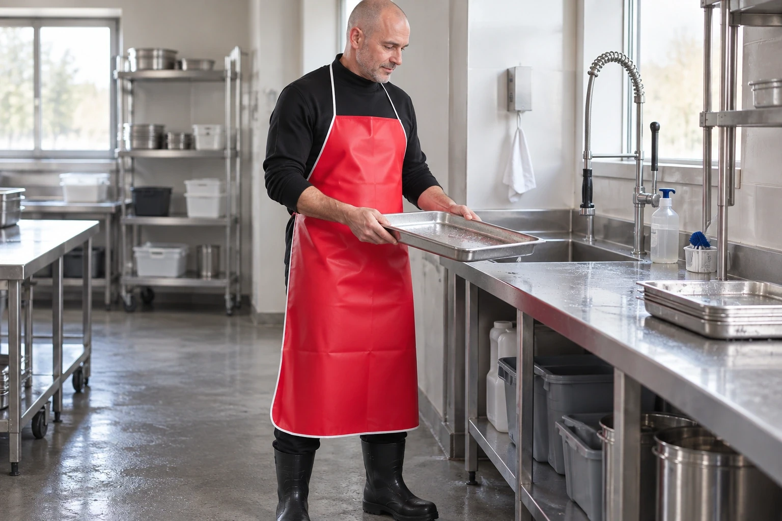 Red T-Rain waterproof apron with white piping in a service workspace