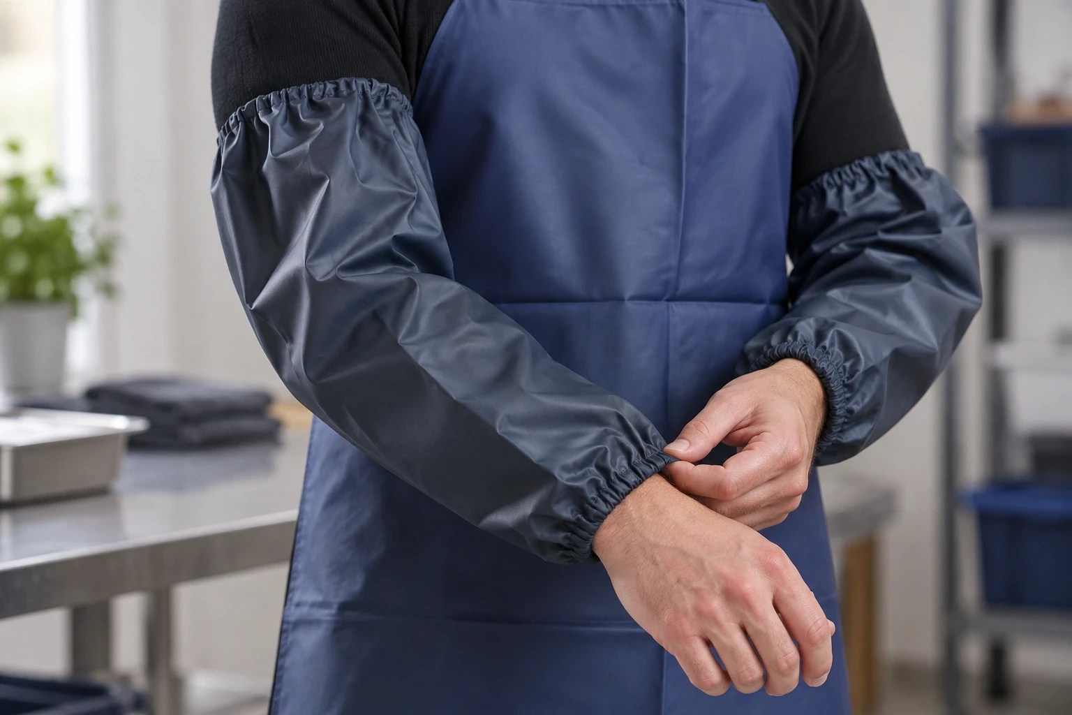 Close-up of the coated surface and elastic wrist of a T-Rain waterproof sleeve protector