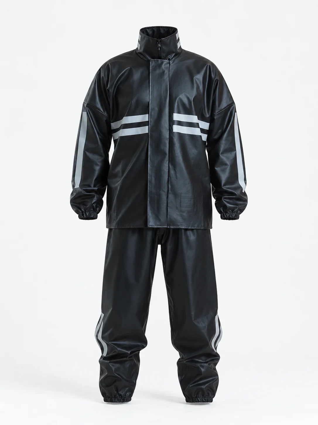 T-Rain Motorcycle rainsuits, Night Rider · Black/silver bands — Front view