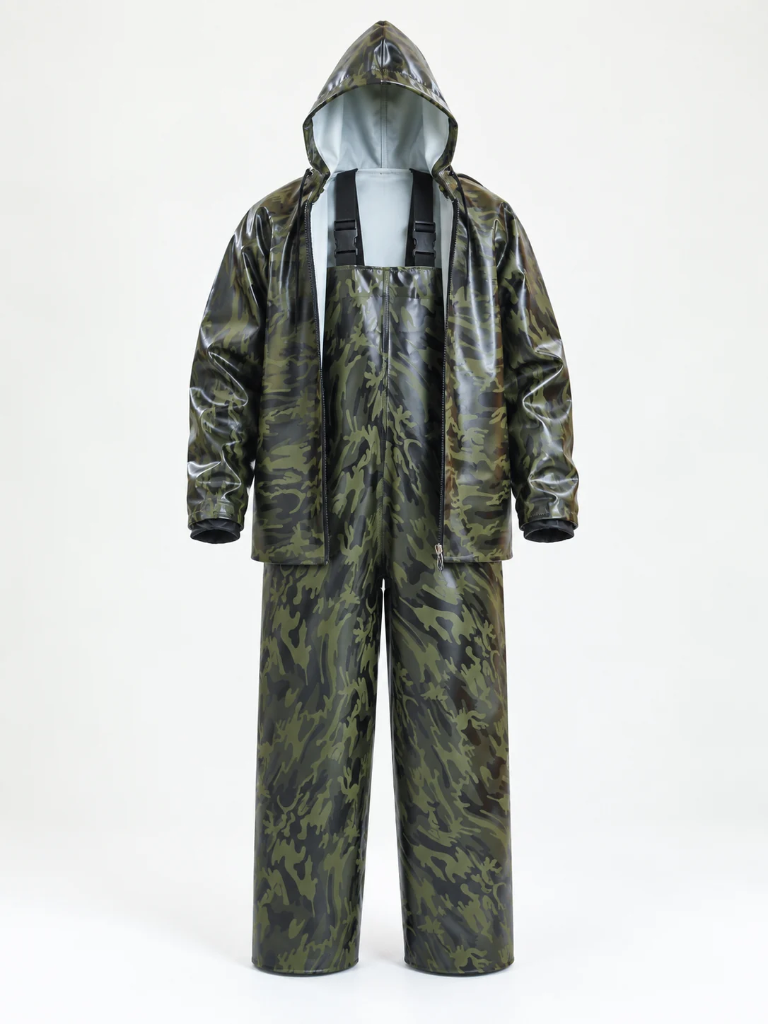 T-Rain Camouflage jacket and bib suit, KFT-3400 · Zip-front jacket and bib trousers — Front view