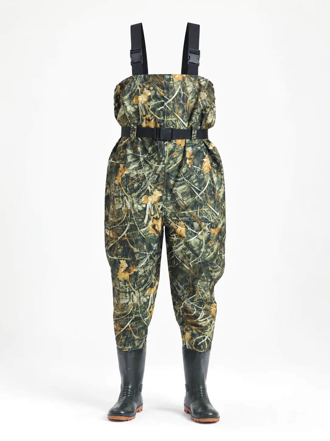 T-Rain Taslan chest waders, Reed pattern · PVC boots — Front view